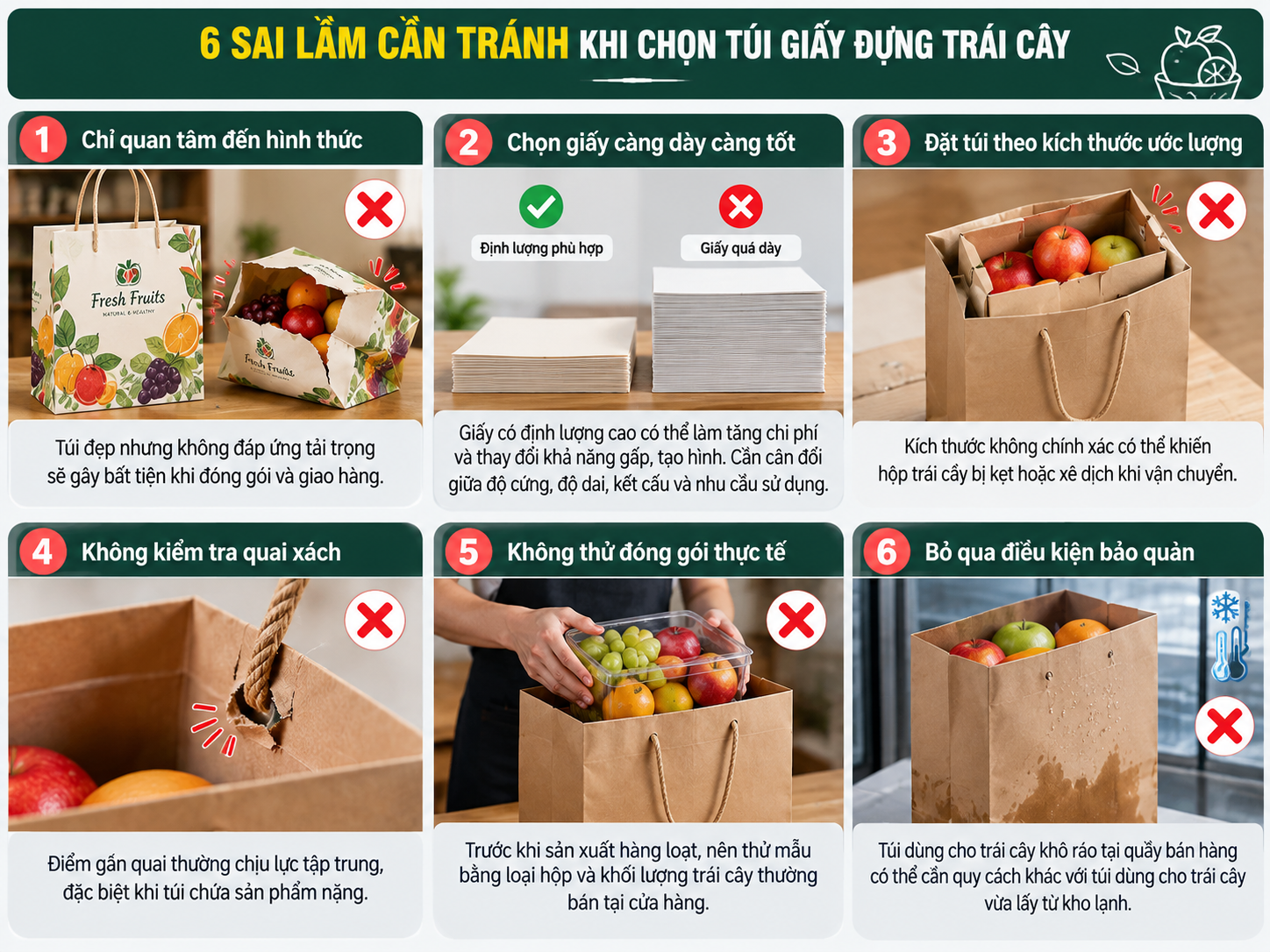 6 sai lầm cần tránh khi chọn túi giấy đựng trái cây, từ chất liệu, kích thước đến quai xách