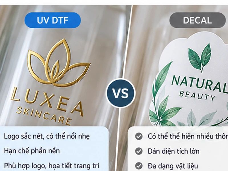 So sánh tem UV DTF và decal khi in logo lên chai lọ