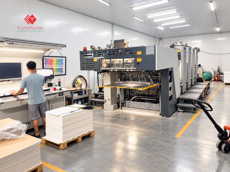 Xưởng in In Tuấn Thành với hệ thống máy in công nghiệp phục vụ sản xuất bao bì giấy theo yêu cầu.